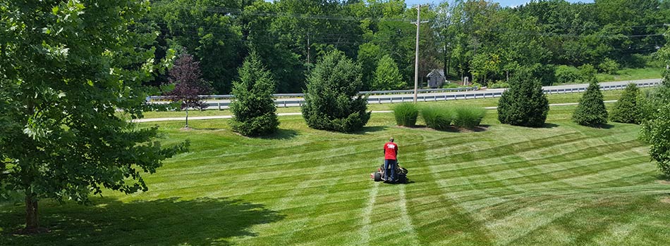 Checkerboard striped mowing service for Columbia, MO homeowner.