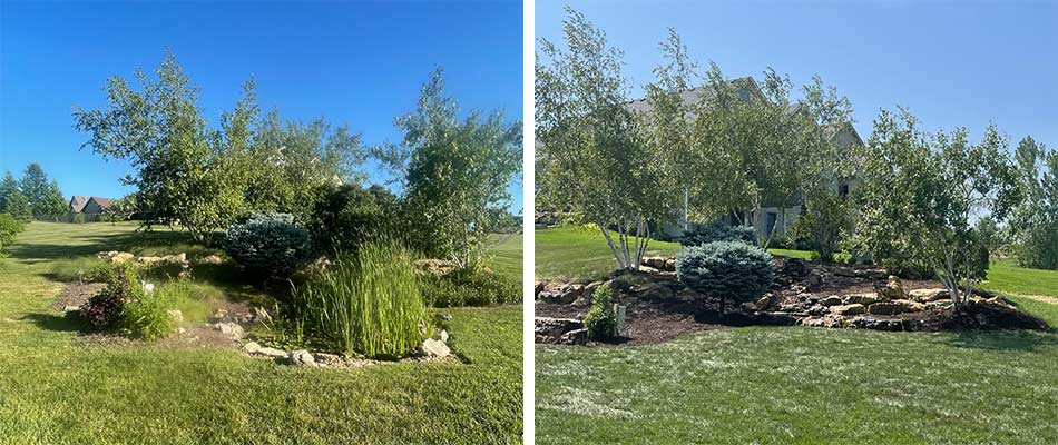 Before and after photos of a new landscape installation near Columbia, MO.